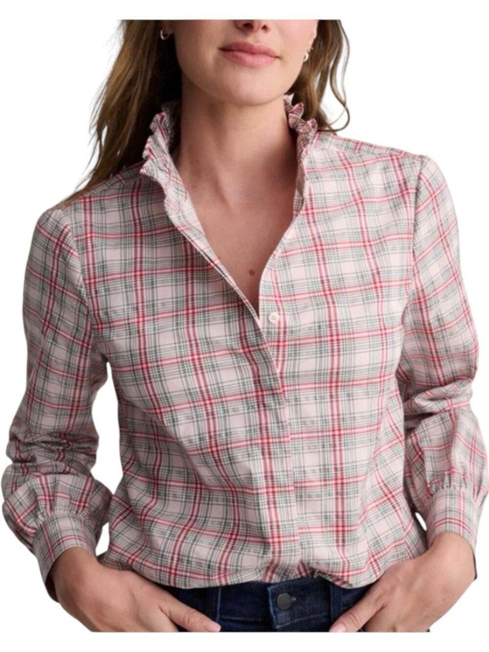 Untuckit Antonia Ruffle Collar Pink Plaid Button Down Long Sleeve Shirt 12